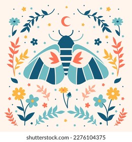 Vintage boho print with insect moth, flowers, florals and herbs. Mystery cozy floral art. Boho elegant vector butterfly, night-fly.Swedish, Norwegian and Scandinavian folk motives