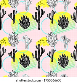 Vintage boho seamless pattern with desert and cactus. Checkered sheet style.