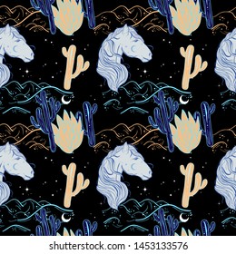 Vintage boho seamless pattern at western style with horse and cactus. 