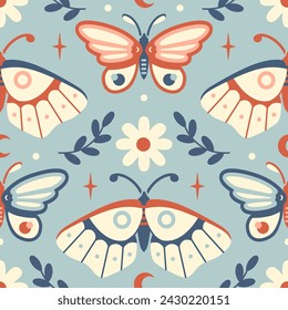 Vintage estilo Boho vector patrón sin fisuras. Fondo místico con polilla, mariposa bohemia. Estética de jardín de primavera sagrada. Gráfico sin costuras de la paleta limitada para la tela, fondo