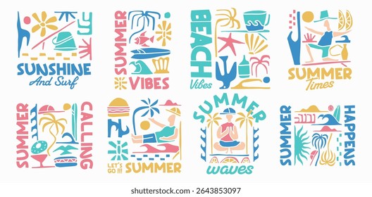 Vintage boho summer beach design set, Summer paradise t-shirt design bundle, Colorful summer beach poster collection, Aesthetic bohemian summer packs