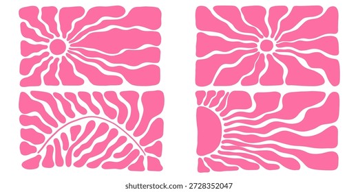 Padrão boho sunburst vintage com listras radiais e ondas curvas. Fundo de sol retro abstrato, ilustração funky dos anos 60 com raios geométricos arrojados e cores brilhantes do verão.