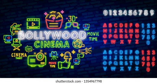 Vintage bollywood movie signboard. Glowing retro indian cinema neon vector sign. Illustration of bollywood cinema signboard