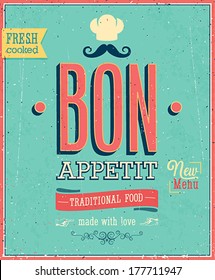 Vintage Bon Appetit Poster. Vector illustration.