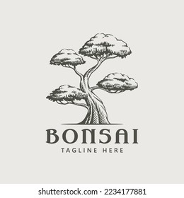 Vintage bonsai tree logo design template