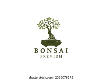 Vintage Bonsai Tree Logo Design Inspiration. Vector illustration of aesthetic bonsai and potted plants. Bonsai tree from chinese and japanese culture brand identity for Hotel retro brand logo.