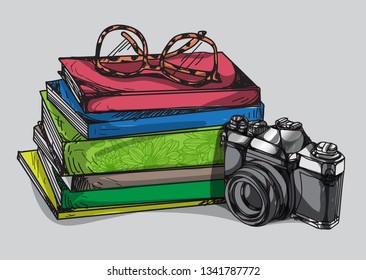 vintage  book and camera hand drawing with line art illustration isolated on gray background.