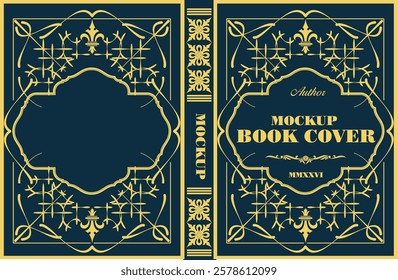 Vintage book cover design featuring elegant gold borders and flourishes on a dark blue background, perfect for classic literature