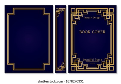 Vintage Book cover and spine design with a Celtic or Asian weave knot on the corners. Luxury Gold frames dark blue style design. Border to be printed on covers and pages of books. Vector illustration