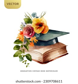 Libro de época con sombrero de degradado y flores hermosas aisladas en fondo blanco, diseño de acuarela Graudation ilustración vectorial