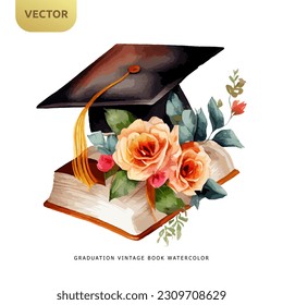 Vintage book with graudation hat and beautiful flowers isolated on white background, Graudation watercolor design vector illustration