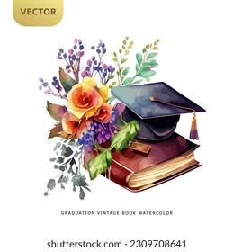 Vintage-Buch mit Gründungshut und schönen Blumen einzeln auf weißem Hintergrund, Farbverlauf-Aquarell-Design, Vektorgrafik