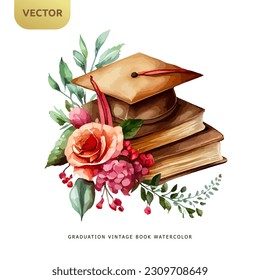 Vintage book with graudation hat and beautiful flowers isolated on white background, Graudation watercolor design vector illustration