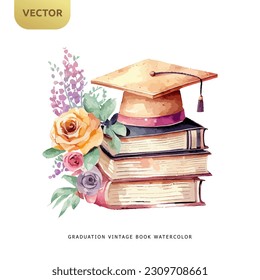 Libro de época con sombrero de degradado y flores hermosas aisladas en fondo blanco, diseño de acuarela Graudation ilustración vectorial