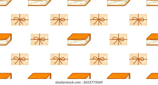 Vintage Book and Letter Pattern. Seamless design with books, envelopes, and tied paper elements in warm nostalgic colors, flat cartoon style on clean background.