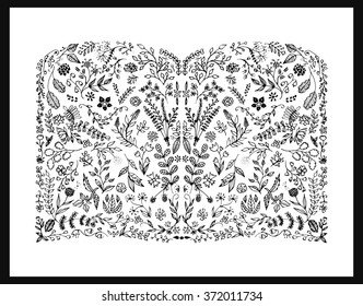 Vintage book made from the black flowers. Monochrome. Vector illustration