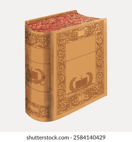 Vintage book with ornate cover design, featuring intricate patterns and a classic, elegant look. The book's antique style adds a touch of nostalgia and charm. Vintage art illustration, vector.