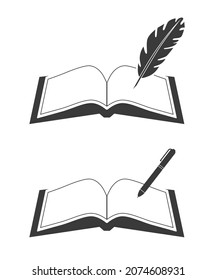 Vintage book with pen feather ink icon isolated on white background