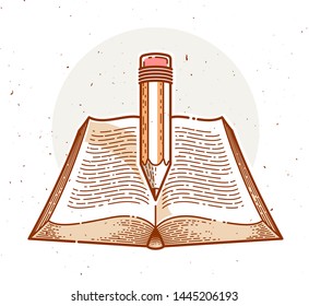Vintage book and pencil education or science knowledge concept, educational or scientific literature library vector logo or emblem.