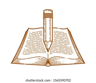 Vintage book and pencil education or science knowledge concept, educational or scientific literature library vector logo or emblem.