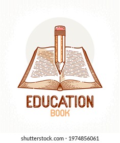 Vintage book and pencil education or science knowledge concept, educational or scientific literature library vector logo or emblem.