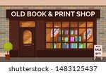 Vintage book shop store facade with storefront large window, columns and brick wall. Facade residential building front view. Graphic old book shop exterior small business vector illustration
