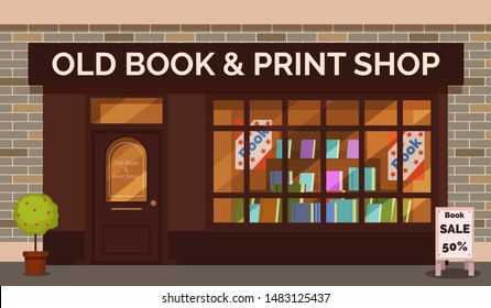 Vintage book shop store facade with storefront large window, columns and brick wall. Facade residential building front view. Graphic old book shop exterior small business vector illustration