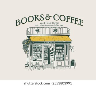 vintage book shop vector illustration, retro vintage bookstore with coffee artwork for t shirt, poster, graphic print, European bookshop with flower  