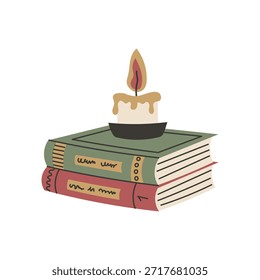 Ilustração de vela de pilha de livro vintage. Acolhedor Composição literária com chama luz conhecimento sabedoria atmosfera estudando o conceito de leitura calma. Vetor