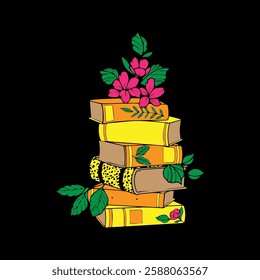 Vintage book stack with flowers, aesthetic literature illustration, floral botanical design, cozy reading theme, book lover art, artistic library decor, romantic books, whimsical academic inspiration.