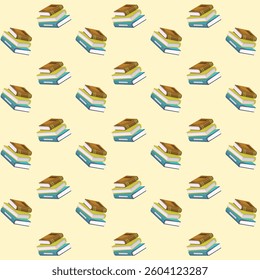 Vintage Book Stack Seamless Pattern on Light Beige. seamless pattern featuring stacks of vintage books with brown and green covers on a soft beige background. educational themes, library designs