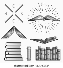 Vintage book store and library emblems, logos templates, labels, symbols, design elements. Stock vector.