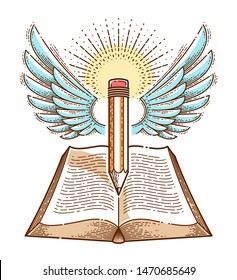 Vintage book and winged pencil education or science knowledge concept, educational or scientific literature library vector logo or emblem.