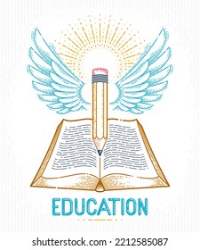 Vintage book and winged pencil education or science knowledge concept, educational or scientific literature library vector logo or emblem.