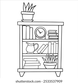 Estante vintage com livros. Desenho vetorial bonito. Aconchegante em casa. Coloração