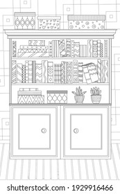 vintage bookcase with shelves of books and pots of flowers. funny book covers and spines for your coloring page