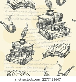 Vintage books with bookmarks and locks, feather pencils and smoking pipes. Reading literature hobby. Monochrome sketch outline, seamless pattern background, print or wallpaper. Vector in flat style