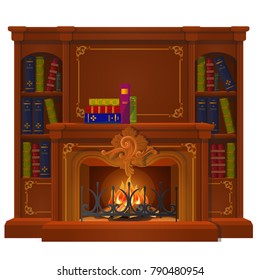 Vintage books lie on the mantel in vintage style isolated on white background. Vector cartoon close-up illustration.