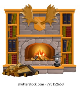 Vintage books lie on the mantel in vintage style isolated on white background. Wall-mounted moose antlers, trophies of the hunter, home comfort. Vector cartoon close-up illustration.