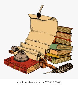 Vintage books with paper scroll feather and ink pot colored sketch decorative concept vector illustration