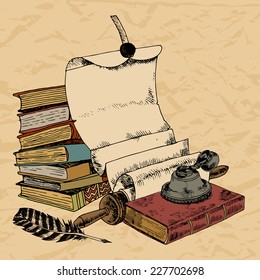 Vintage books with paper scroll feather and ink pot colored hand drawn decorative background vector illustration