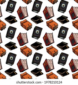 Vintage books pattern. Hand drawn ink outline. Closed books with retro cover vector drawing. Decorative background, studying theme. 