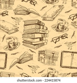 Vintage books sketch seamless pattern with bird feather tea cup and glasses vector illustration