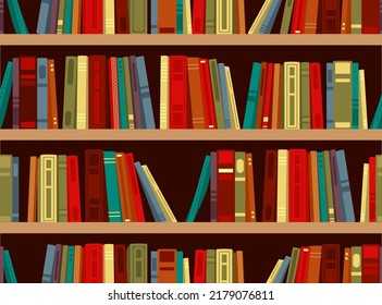 Vintage bookshelf stock pattern archive retro flat. School student wall library cover wallpaper bookstore wood rare set science fiction pile row stack wisdom textbook office study knowledge store