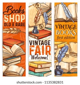 Vintage bookshop sketch banner of old and rare book and literature. Ancient parchment scroll, book and manuscript with retro quill pen and inkwell for bookstore label or library flyer design