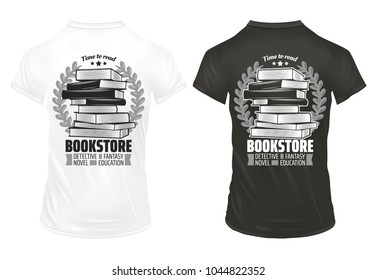 Vintage bookstore prints on shirts template with inscriptions books and laurel wreathes isolated vector illustration