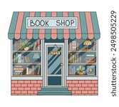 Vintage bookstore. Retro style bookshop window. City building. Flat style, children