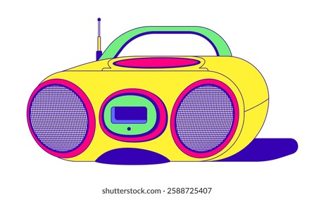 Vintage boombox with antenna and dual speakers 2D cartoon object. Retro music culture. Audio device. Portable sound system isolated element flat vector clipart on white background. Spot illustration