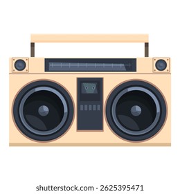 Boombox vintage está tocando música, com seus grandes alto-falantes e design retro