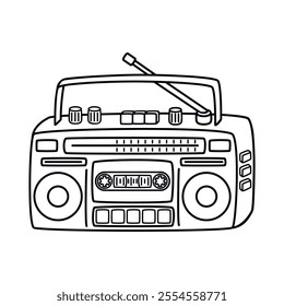 Vintage boombox radio cassette player drawn with black line.Retro musical electronic device from the 90s and 80s.Vector graphic icon isolated on white background.Coloring page.Outline 3D illustration.